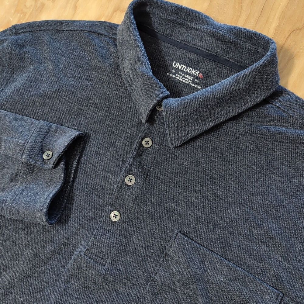 UNTUCKit Premium Polo Mens 2XL Reg Fit Dark Blue Long Sleeve Spandex